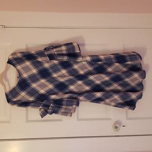 Blue and Light Pink Plaid Dress with Bows on Flared Sleeves